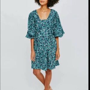 MIRTH Teal Floral Puff Sleeve Dress Handmade India Size Small